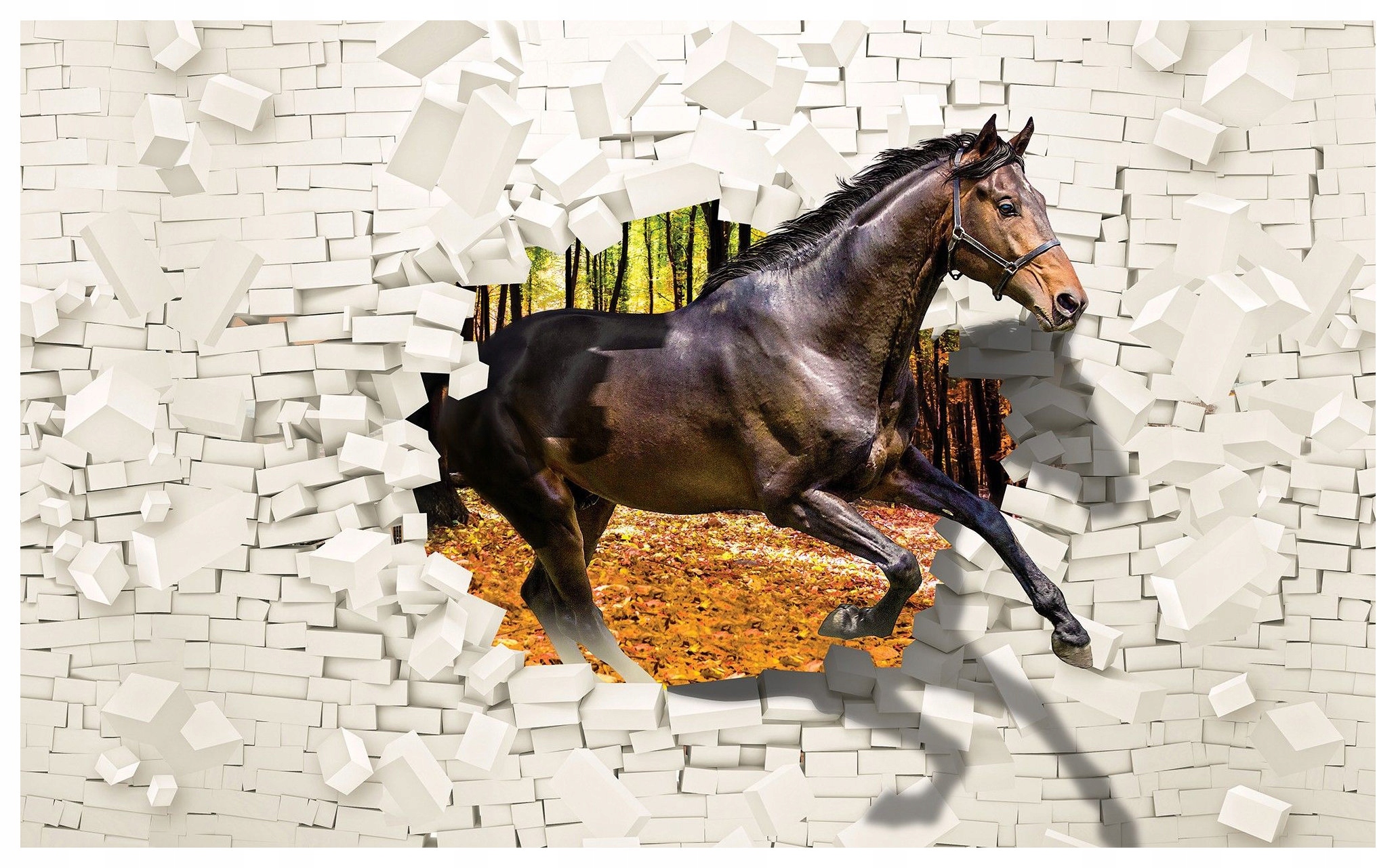 Vliesová fototapeta Kůň proráží cihlovou zeď energie lesa 200x140 lepidlo