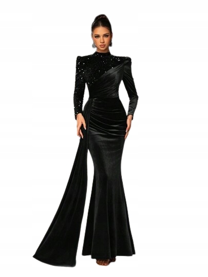 Shein Černé Večerní Šaty S Flitry A Dlouhým Rukávem, Velikost XL 1KD