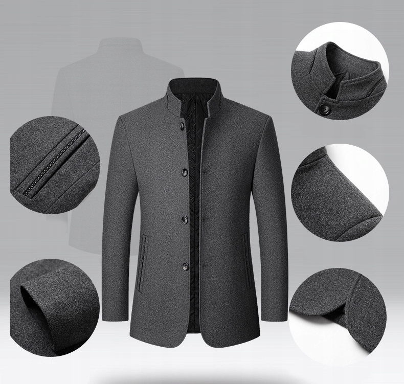 ELEGANCKI MĘSKI PŁASZCZ ZIMOWY JESIENNY WEŁNIANY Wzór dominujący bez wzoru