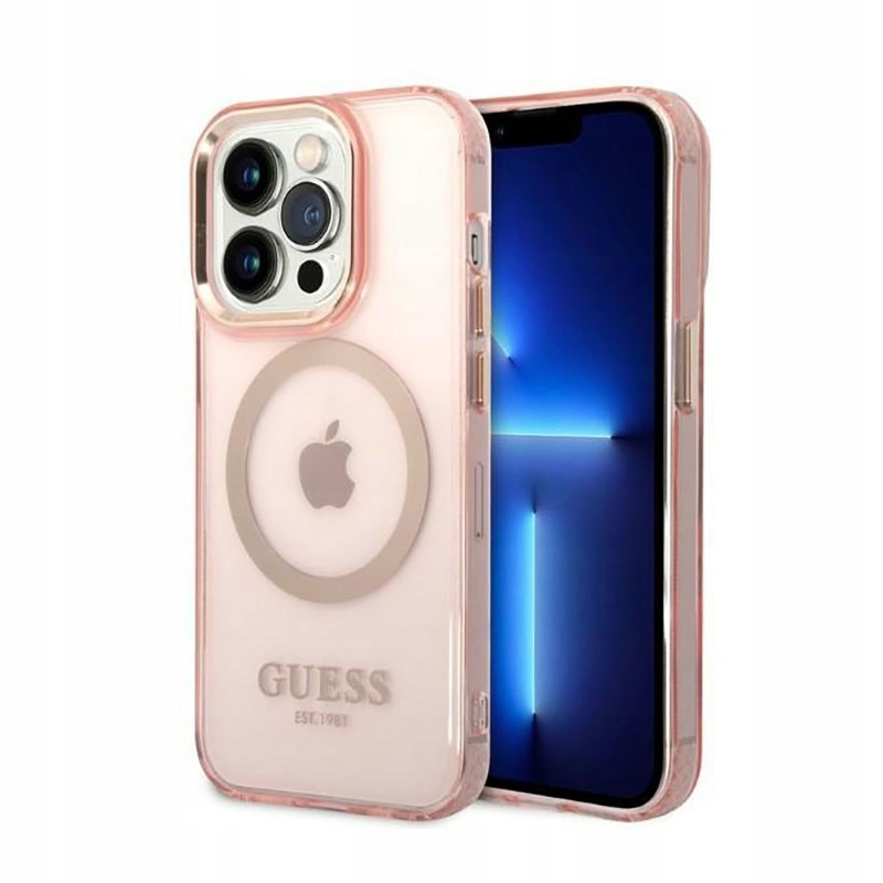 Guess Gold Outline Translucent MagSafe – Pouzdro pro iPhone 14 Pro (růžové)