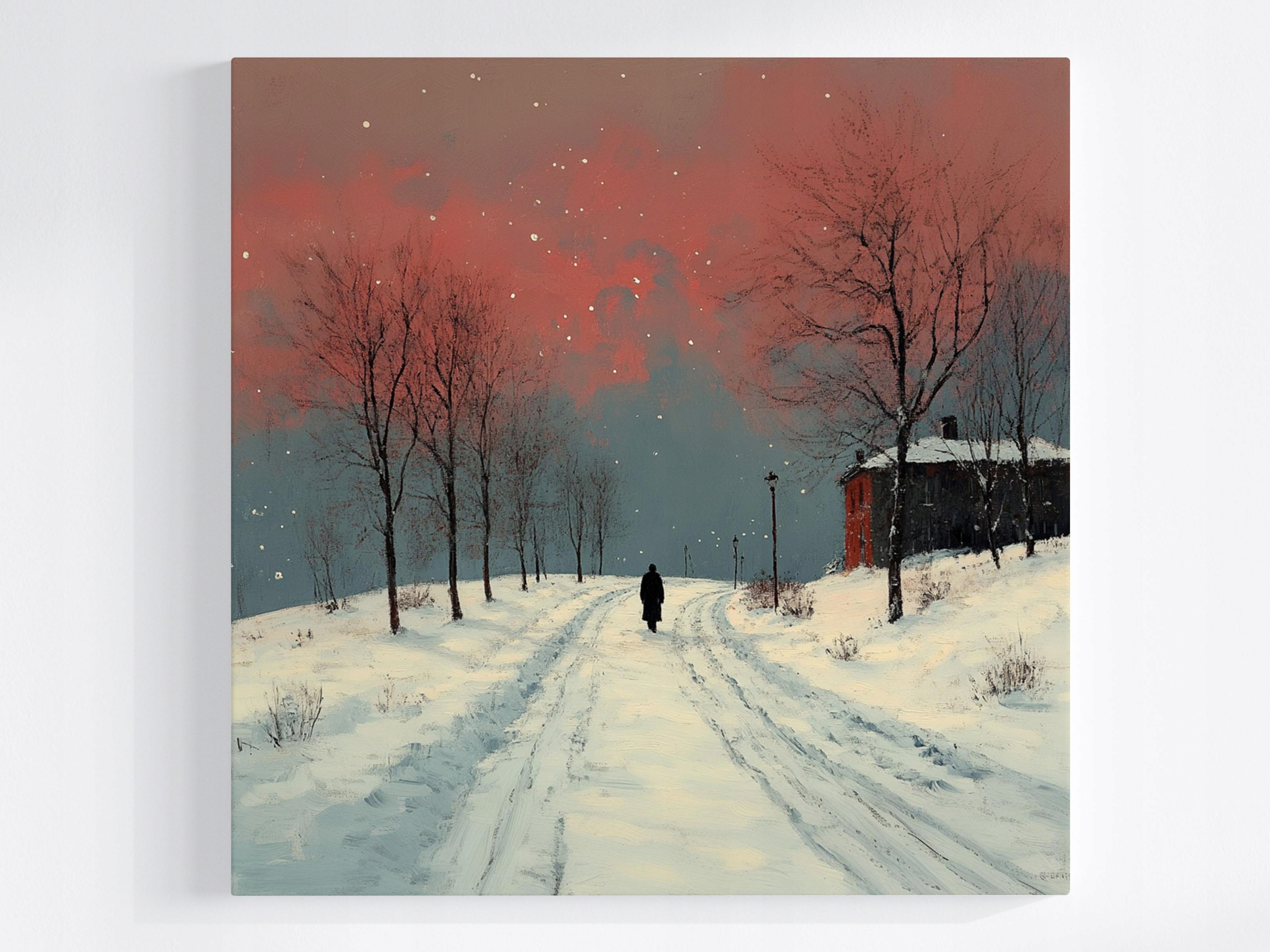 Obraz Na Plátně Plátno Zima Sníh Stromy Cesta Dům Člověk Krajina 60x60