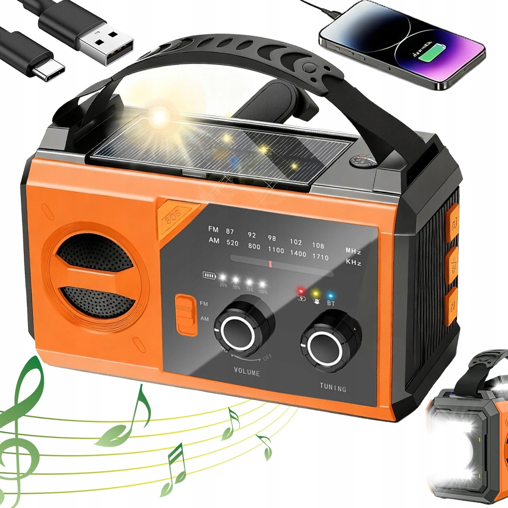 Núdzové turistické rádio s kompasom, Led baterkou, powerbankou 20000 mAh
