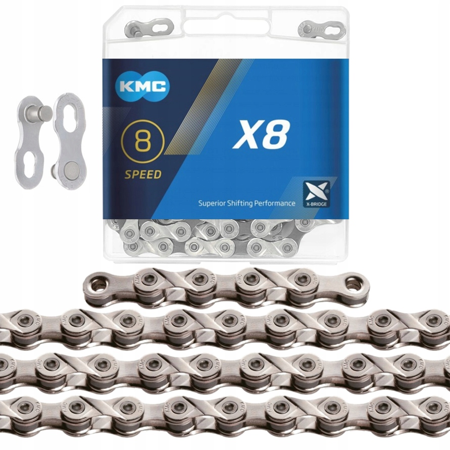 Łańcuch Kmc X8 114 ogniw srebrny, Spinka, Box