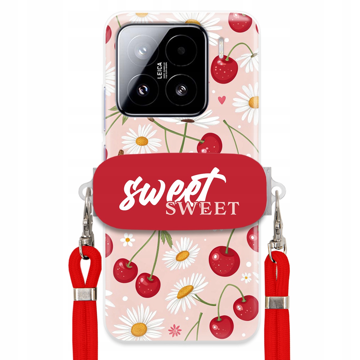 Puzdro pre Xiaomi 15 Červené vodítko držiak Sweet Sweet Čerešňa a sedmokráska