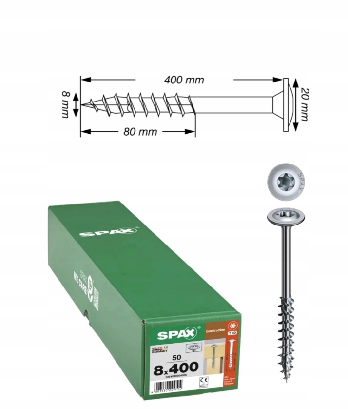 Univerzální vruty Wirox do dřeva Spax 8 x 400 mm 50 ks