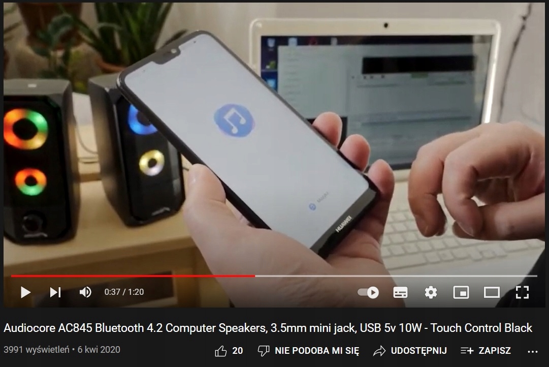 GŁOŚNIKI KOMPUTEROWE ZESTAW 2.0 BLUETOOTH do PC LAPTOPA KOMPUTERA Audiocore Cechy dodatkowe Bluetooth