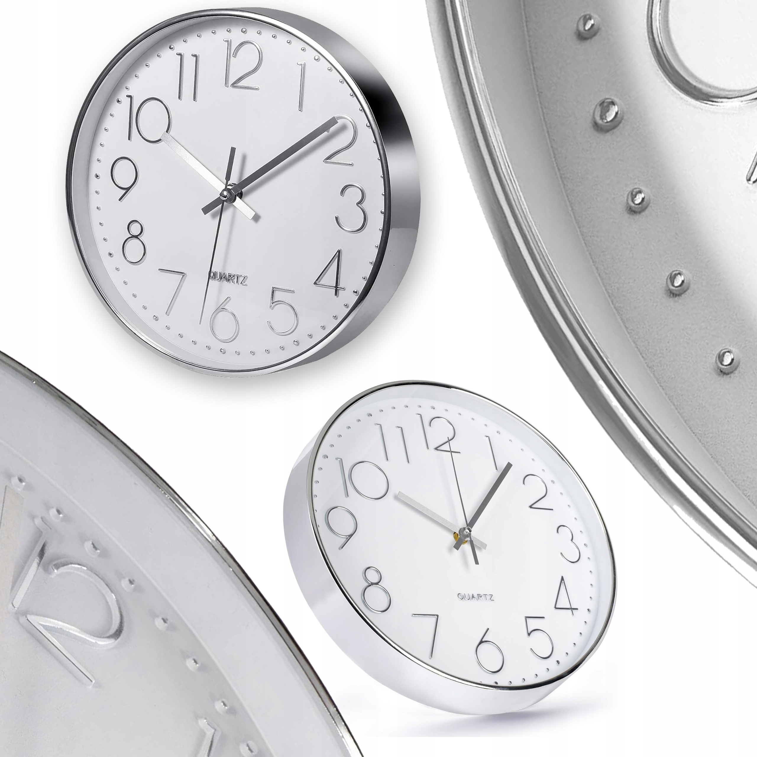 ZEGAR ŚCIENNY DUŻY OKRĄGŁY BEZGŁOŚNY SREBRNY CZYTELNY 30 cm NA ŚCIANĘ Waga produktu z opakowaniem jednostkowym 0.6 kg