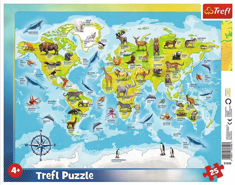 

Puzzle Ramkowe 25 el Mapa Świata Ze Zwierzętami