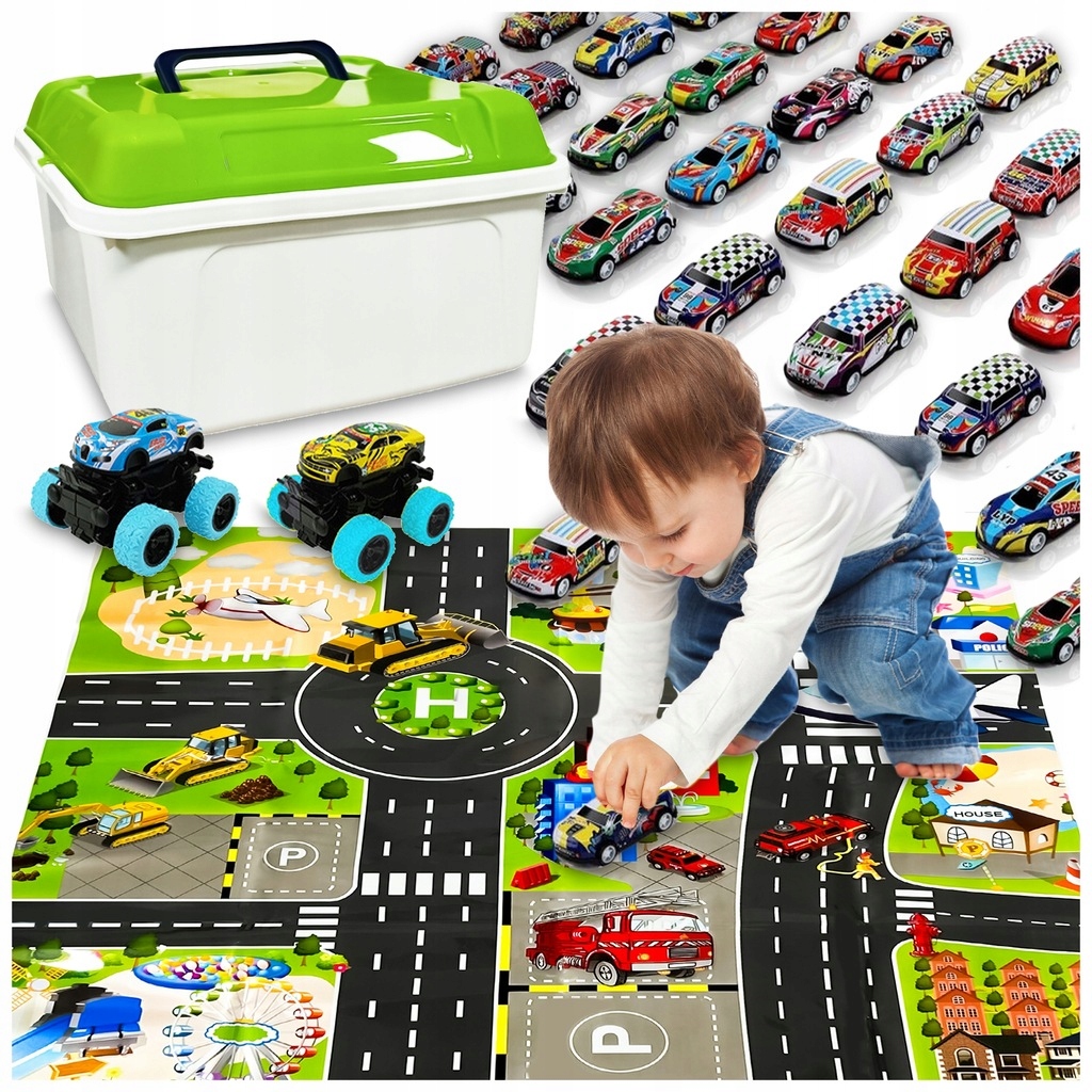 ZESTAW AUTKA NAPĘDEM METALOWE SAMOCHODZIKI RESORAKI +WALIZKA +PLANSZA 52SZT