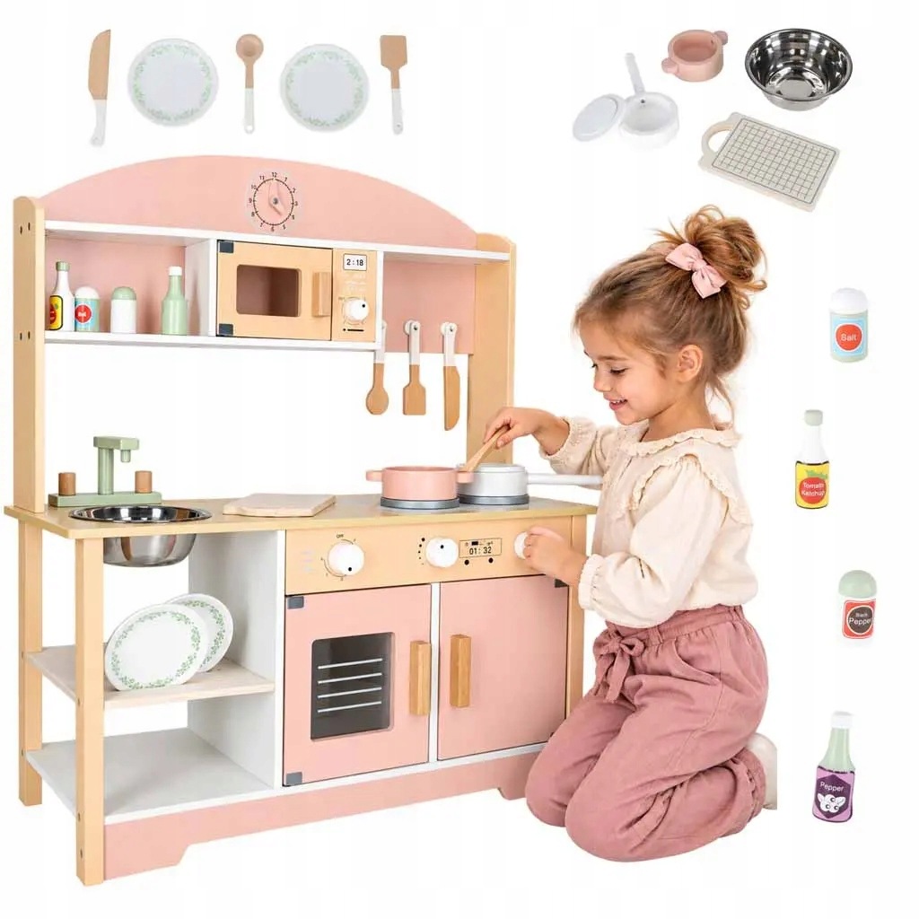 Kuchnia dla dzieci drewniana Mdf Modern Classic akcesoria 82cm różowa