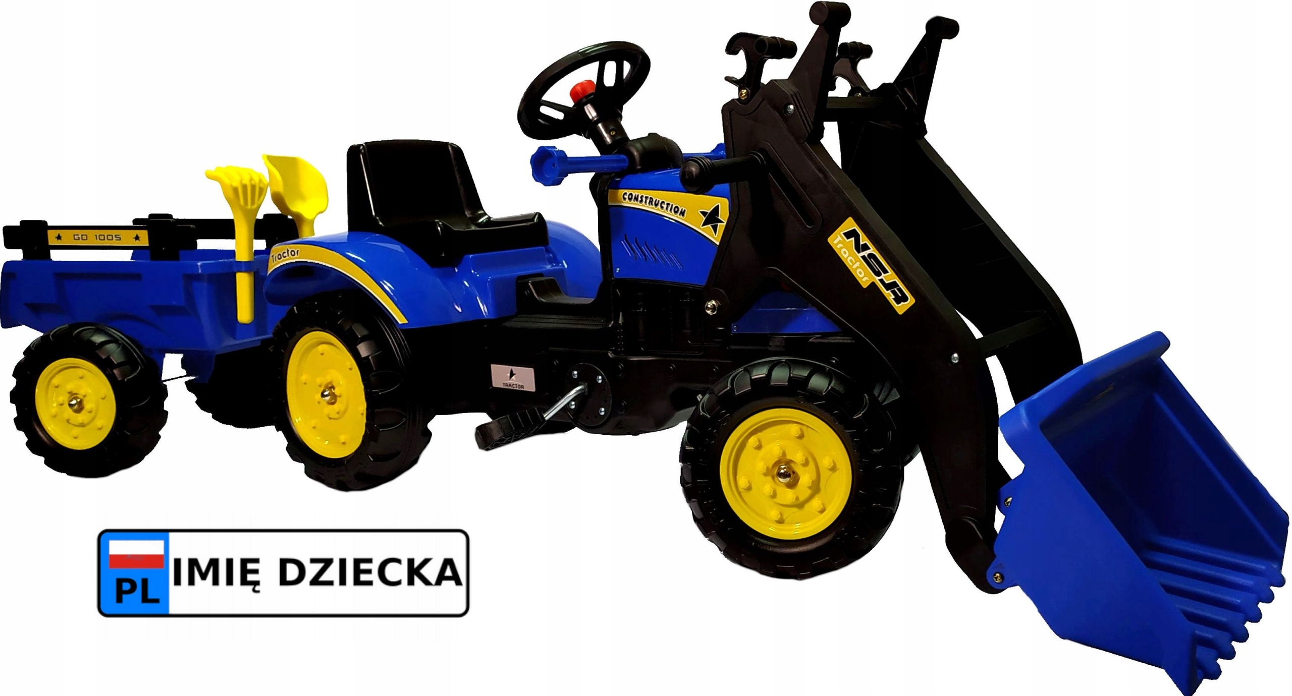Traktor na pedały z przyczepą i ładowaczem 167 cm tablica z imieniem