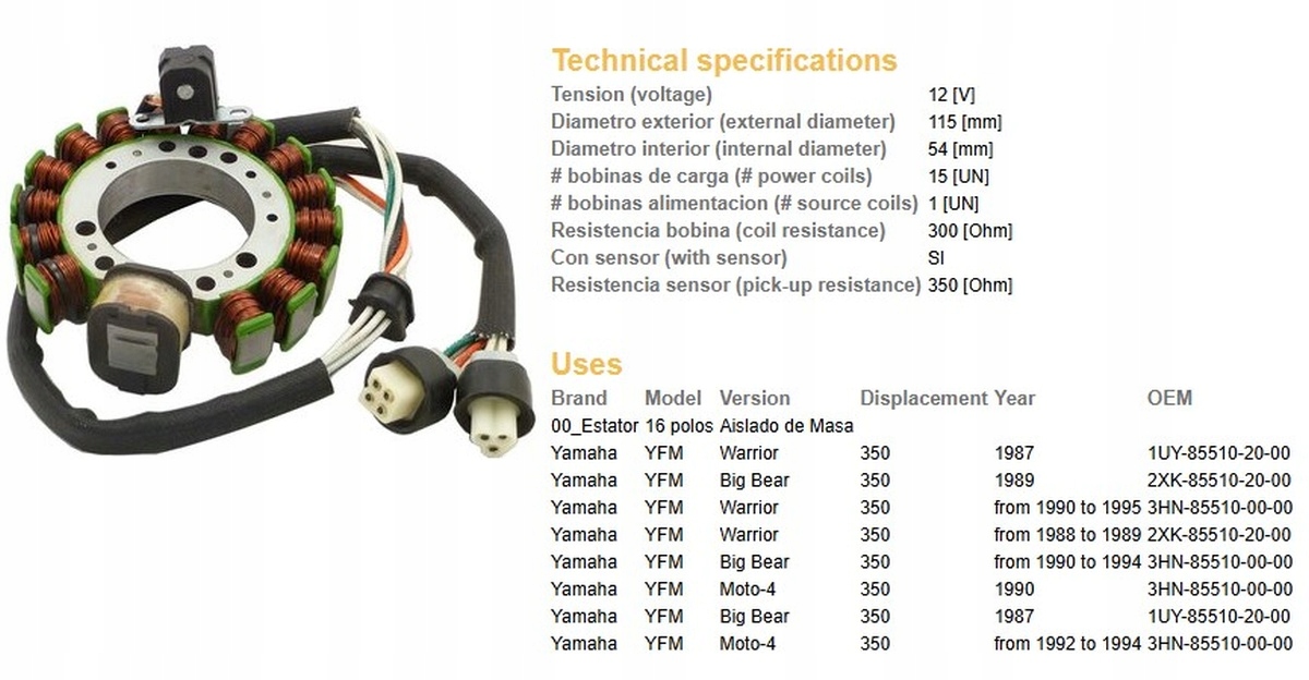 Vinutie Alternátora Stator Yamaha Yfm 350 Big Bear '89-'94