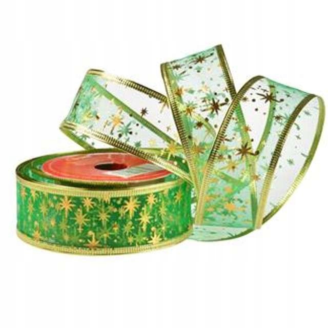 wstążka tasiemka z drucikiem organza Zielona 3,8cm