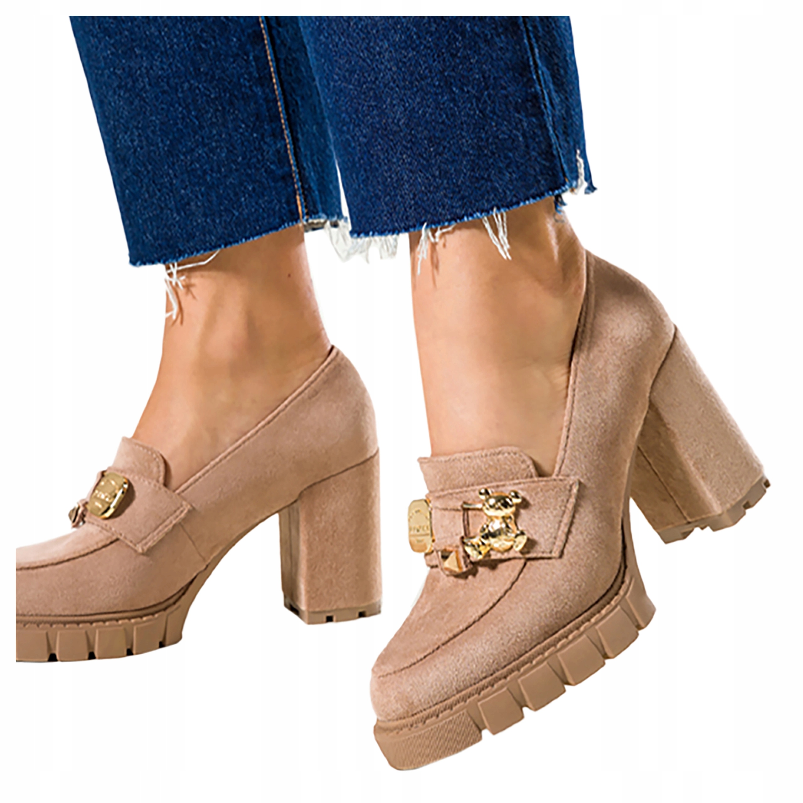 Beżowe Mokasyny Damskie Półbuty Na Słupku Ze Złotym Misiem Modne r 40