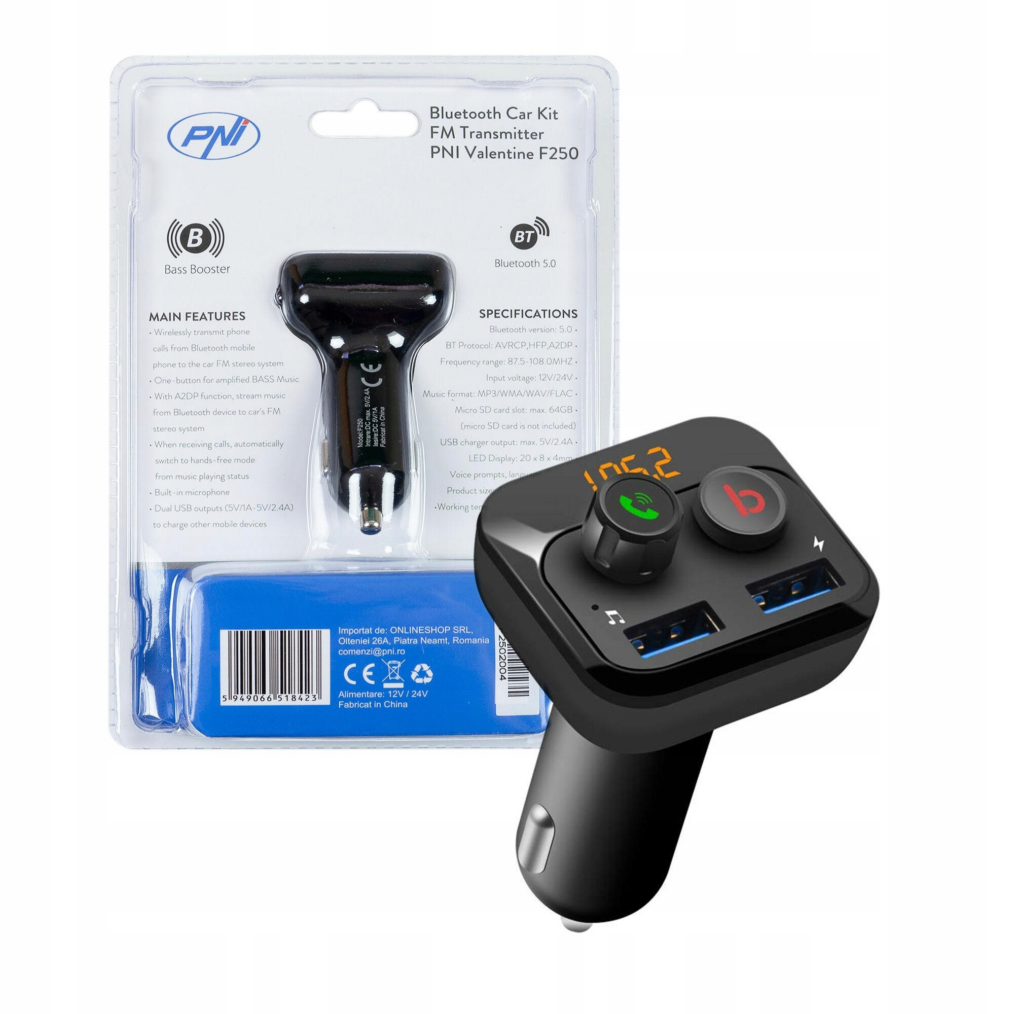 Transmiter Fm Pni Valentine F250 Bt 5.0,MP3 Fm, micro Sd 2xUSB, bass
