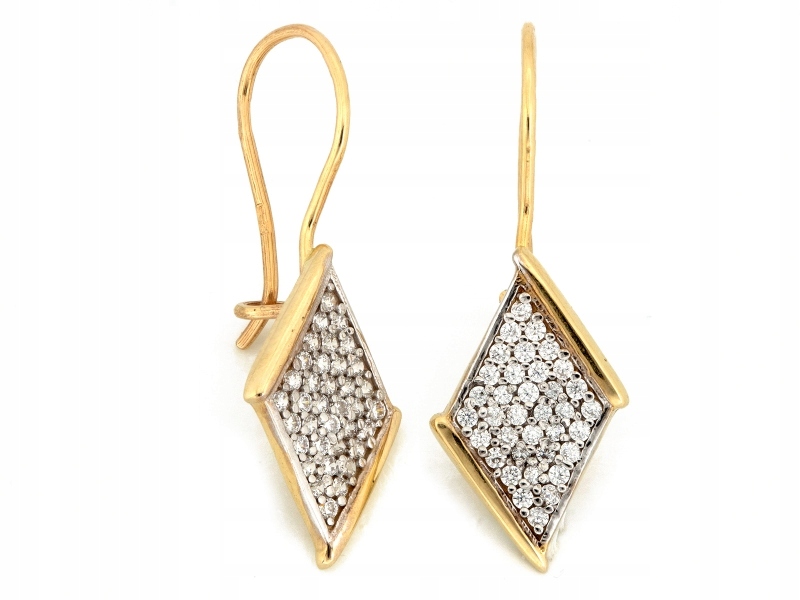Zlaté náušnice 585 kosočtverců s bílými zirkony na biglu