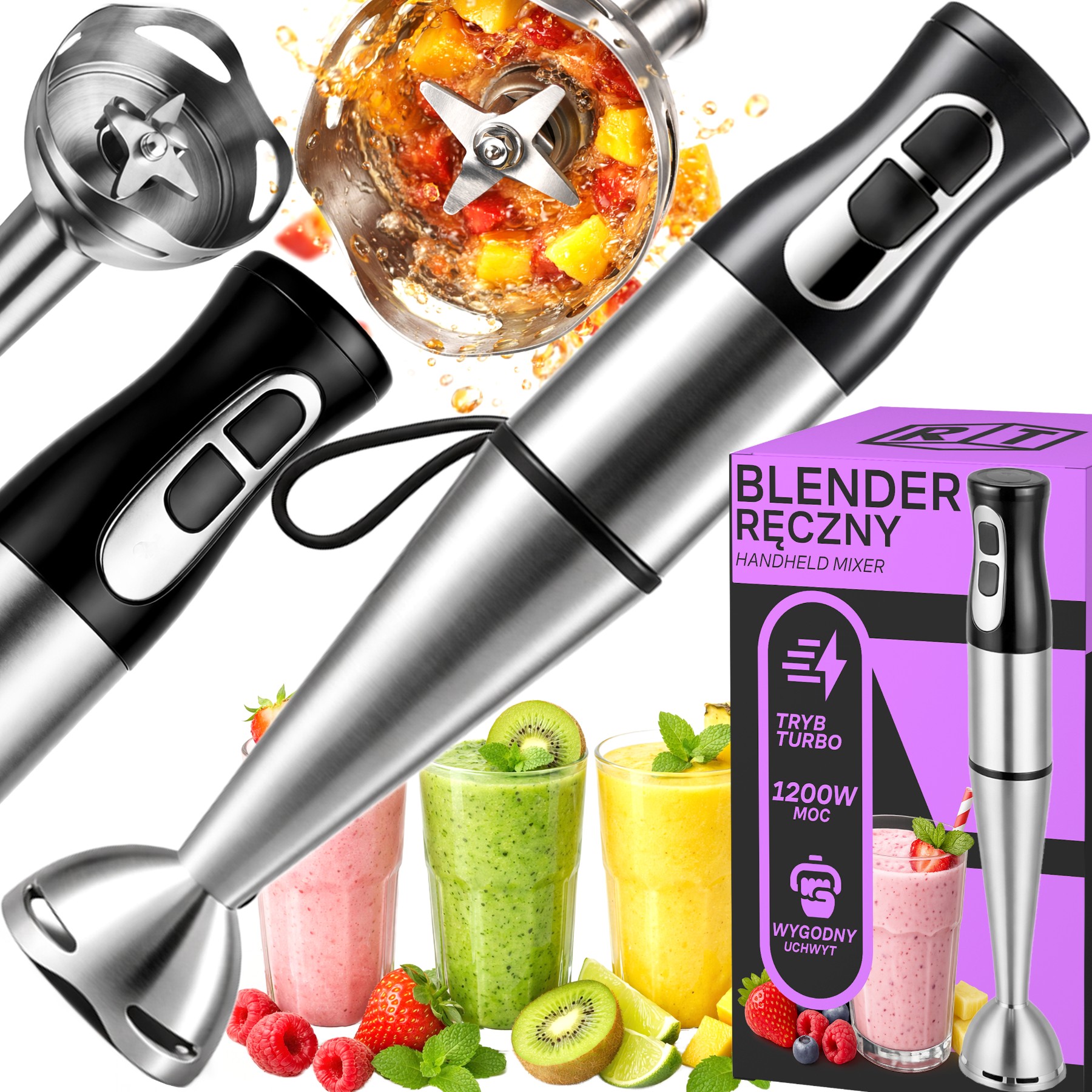 Blender Ręczny Kuchenny Wielofunkcyjny Mocny Robot Do Koktajli Turbo 1200W