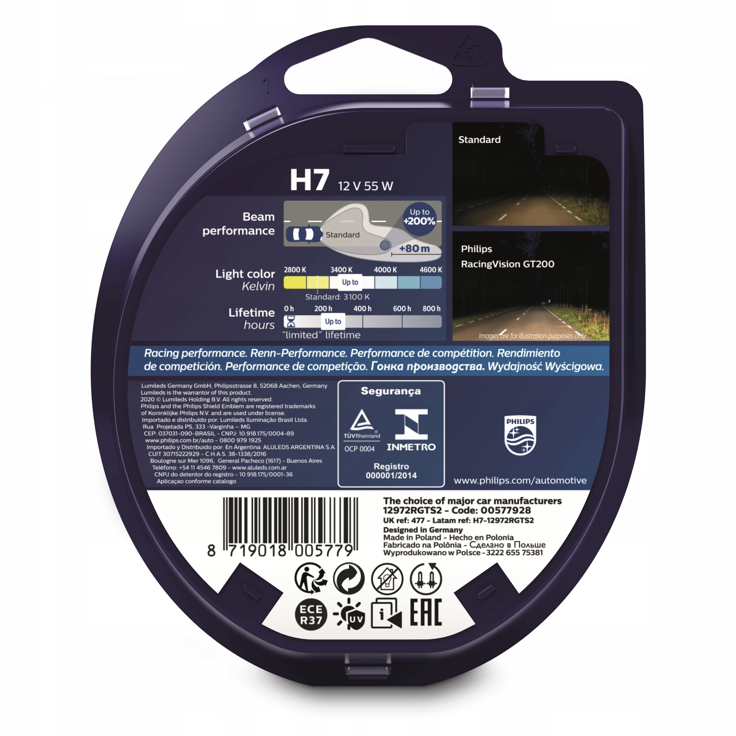 Philips Żarówki Racing Vision GT200 +200% H7 12V Numer katalogowy części 12972RGTS2