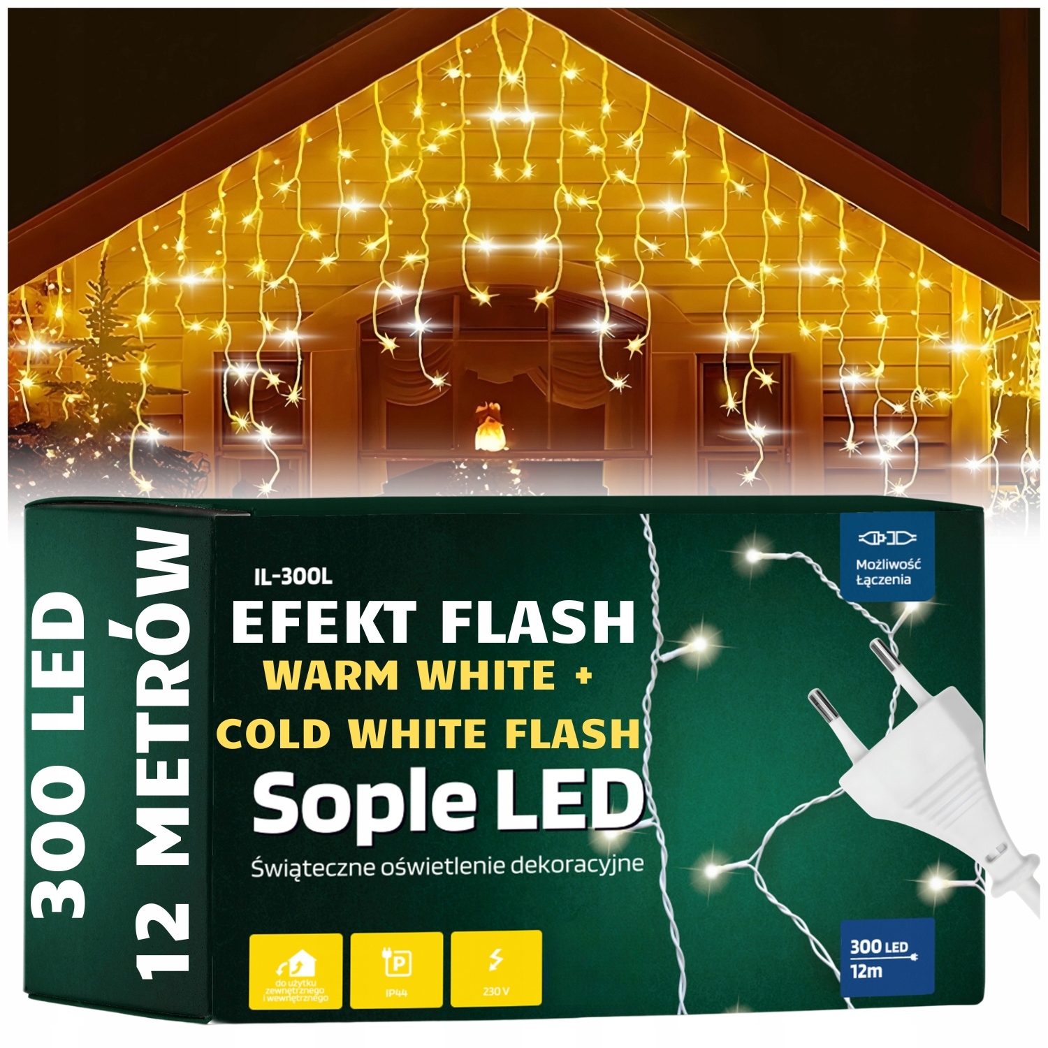 KURTYNA 300 LED SOPLE BIAŁE CIEPŁE LAMPKI ZEWNĘTRZNE +FLASH OŚWIETLENIE 12M Długość 1200 cm