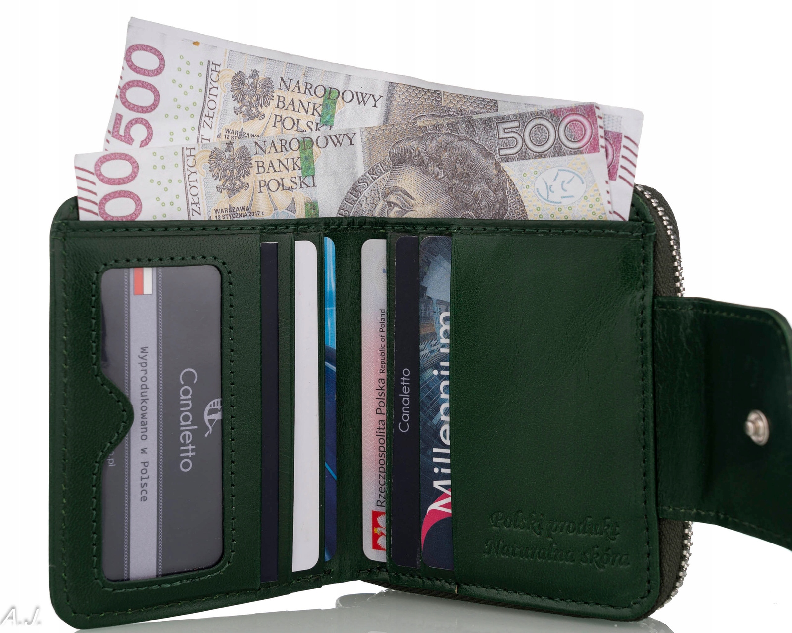 PORTFEL SKÓRZANY DAMSKI ŚREDNI SKÓRY MOTYLKI ZAMEK RFID Kolor zielony