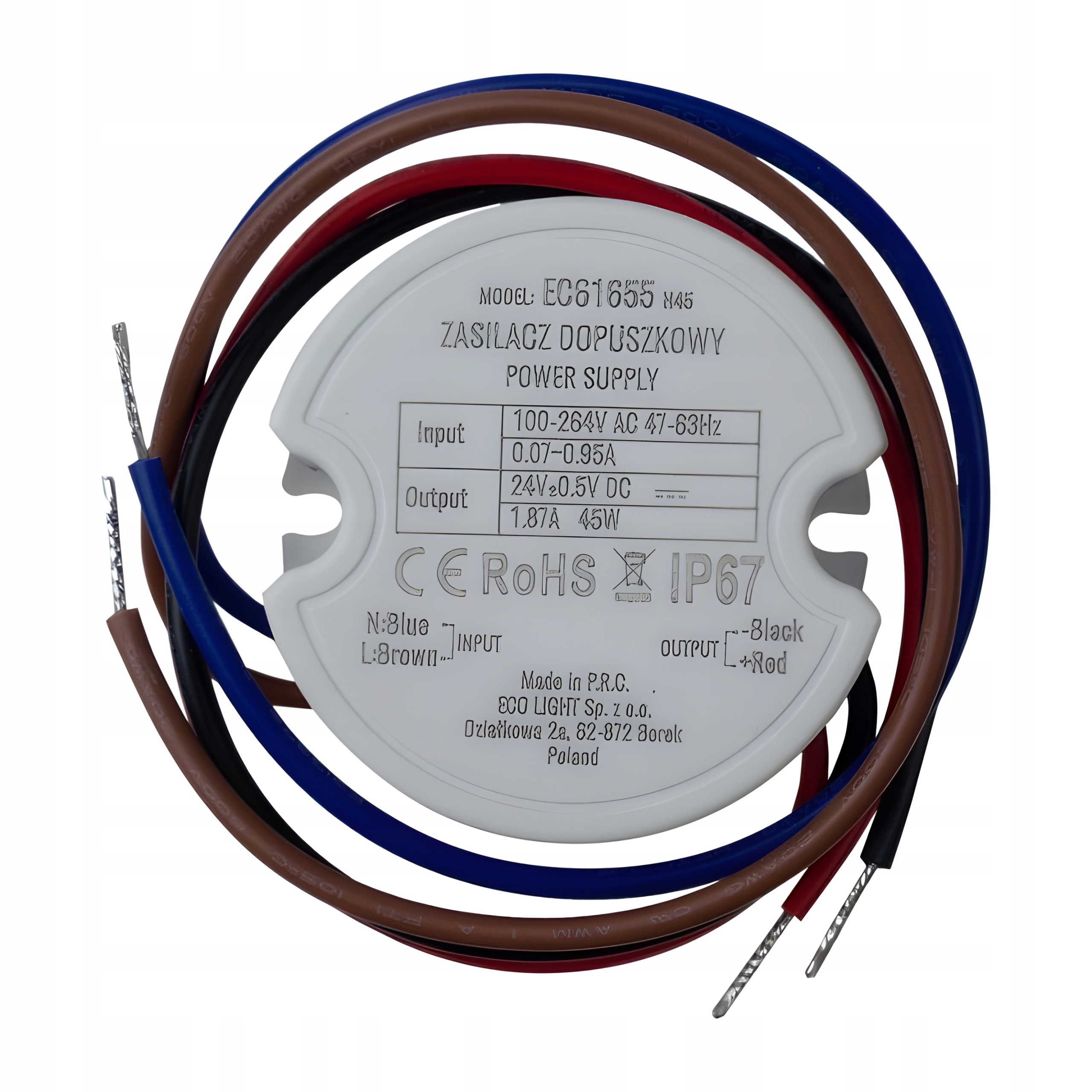 Zasilacz do Led Hermetyczny Dopuszkowy do puszki 24V 45W 1,87A IP67
