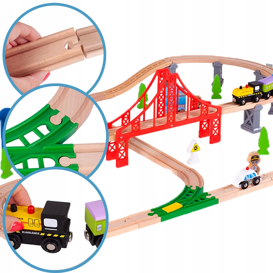 DREWNIANA KOLEJKA POCIĄG LOKOMOTYWA MIASTO POLICJA STRAŻ AKCESORIA 320 CM Wiek dziecka 3 lata +