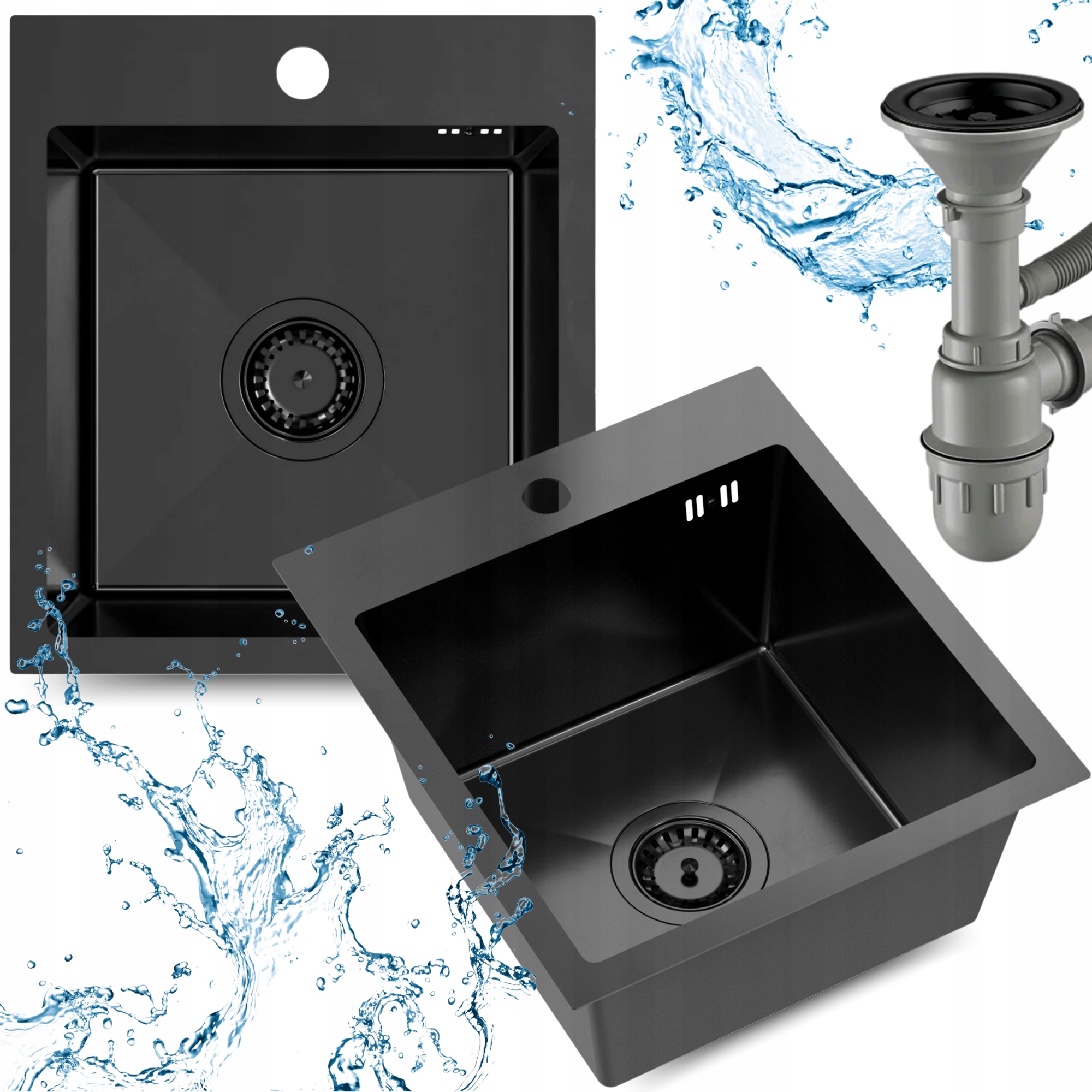 Ocelový dřez Jednokomorový dřez černý Sifon Sítko 6v1