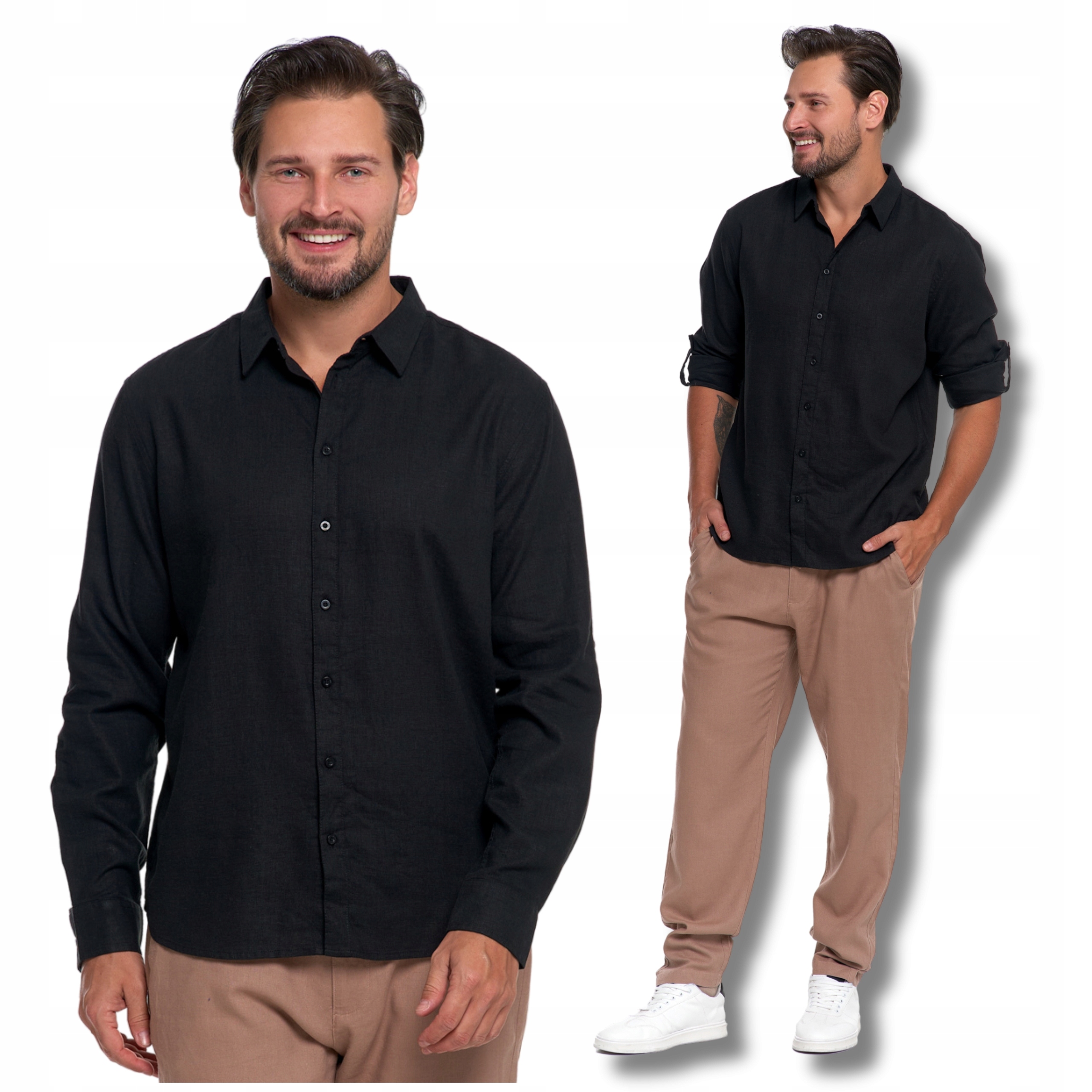 Lněná Pánská Košile Černá Elegantní Klasická Dlouhý rukáv Lehká Moraj XXL