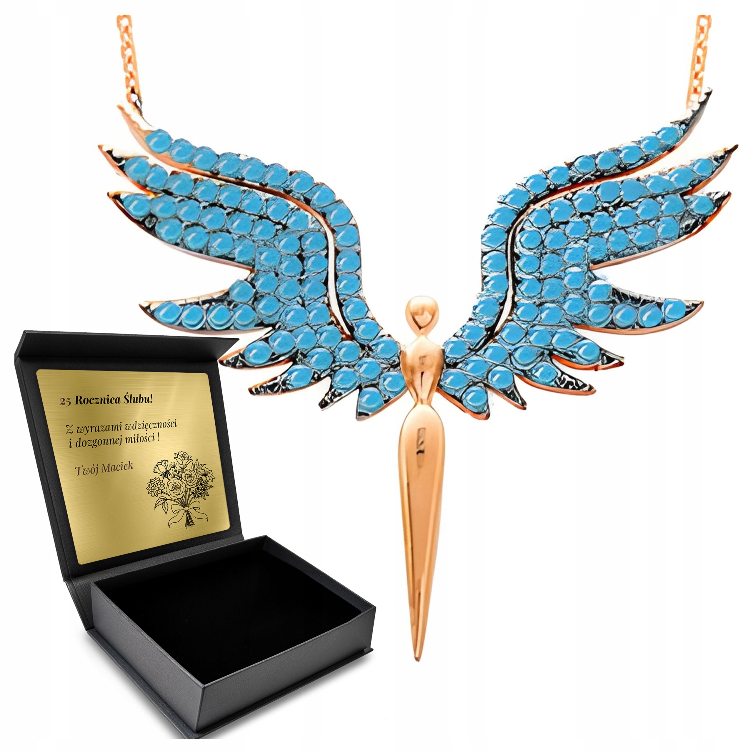 Náhrdelník Anděl Zlatý Zirkony Dárek pro ženu Stříbro Gravírování