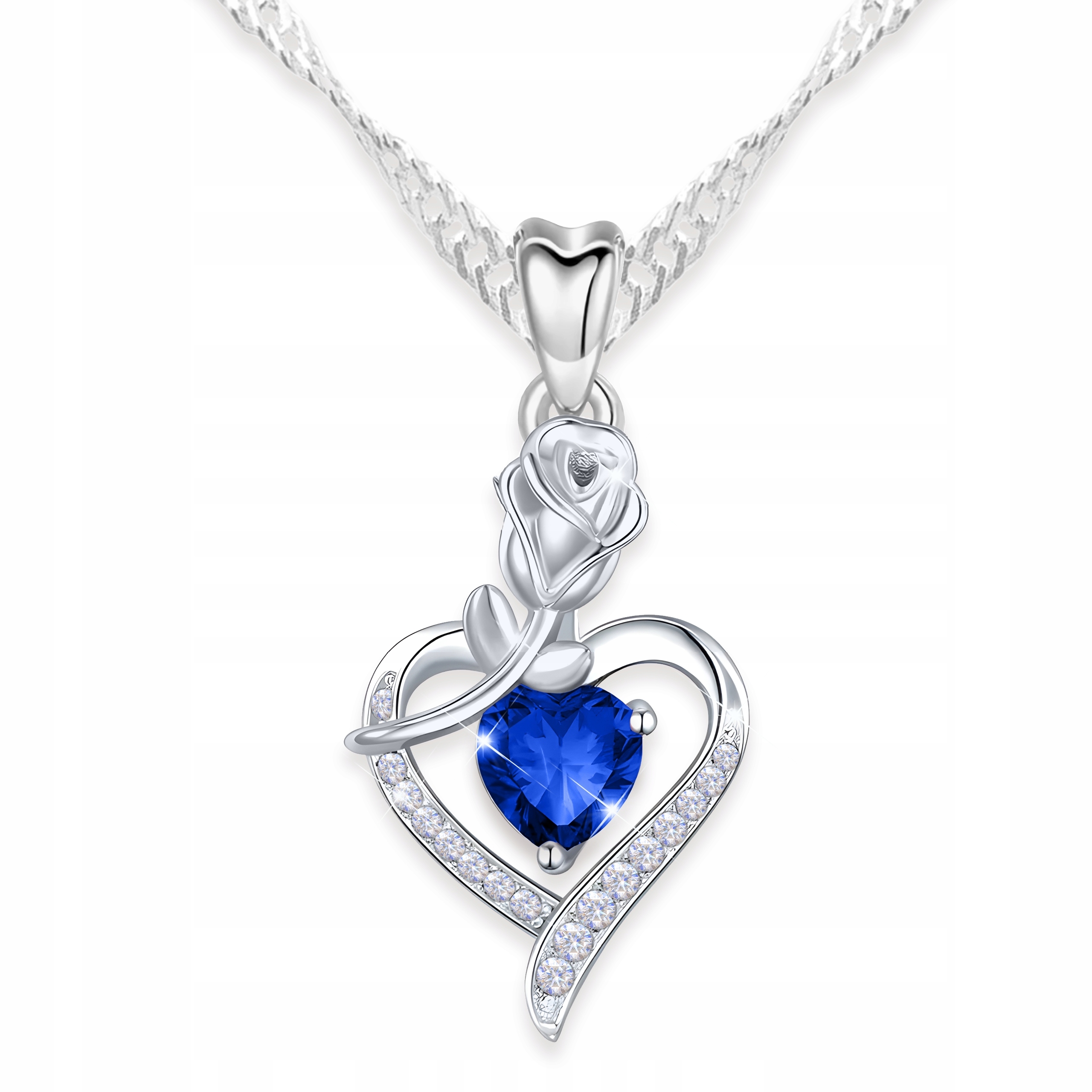 Stříbrný náhrdelník Křišťálové modré srdce Růže Květina Stříbro 925