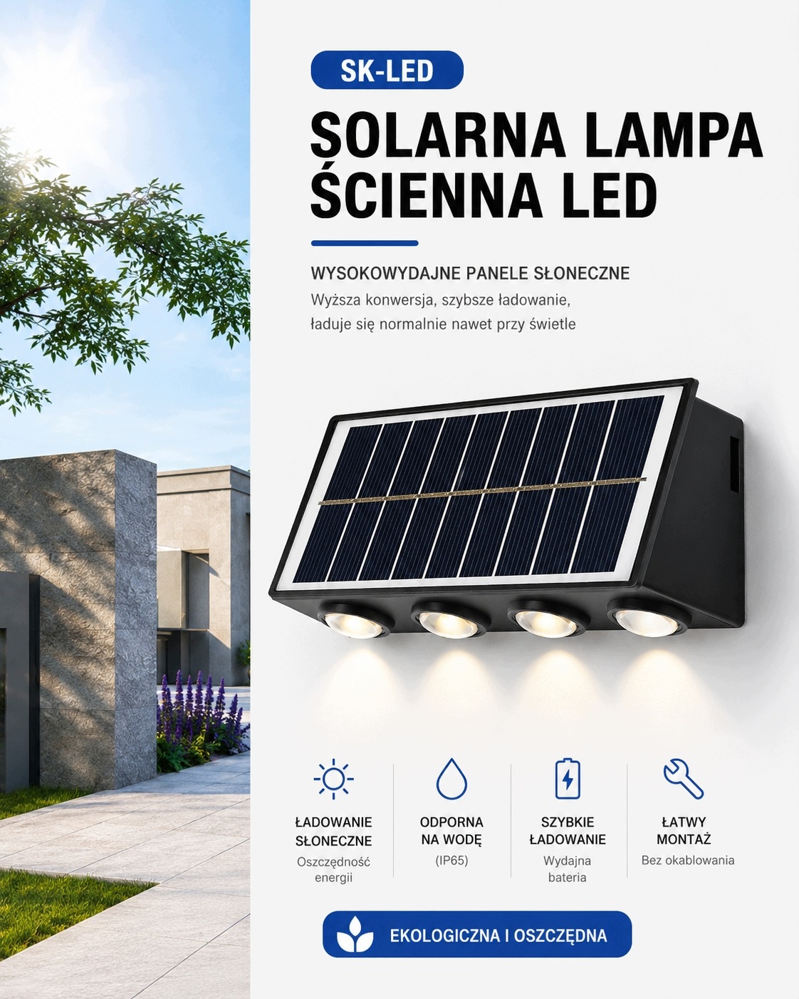 Solarna lampa ścienna LED z wyborem ciepłej i zimnej barwy
