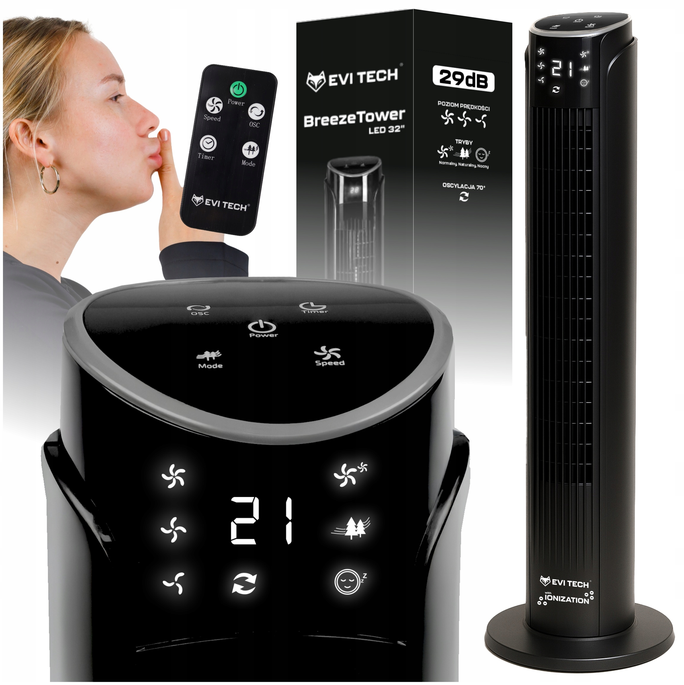 Sloupový Ventilátor Tichý 29 dB Podlahový Stojanový Větrák Ionizace Dálkový Ovladač