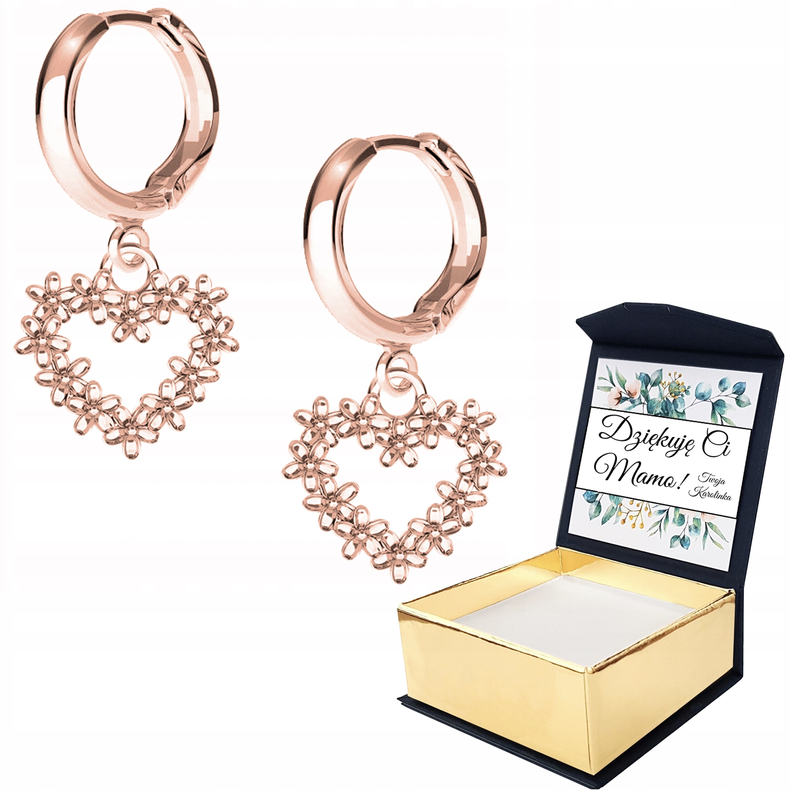 Náušnice růžové zlato Květiny Srdce Vlastní Potisk