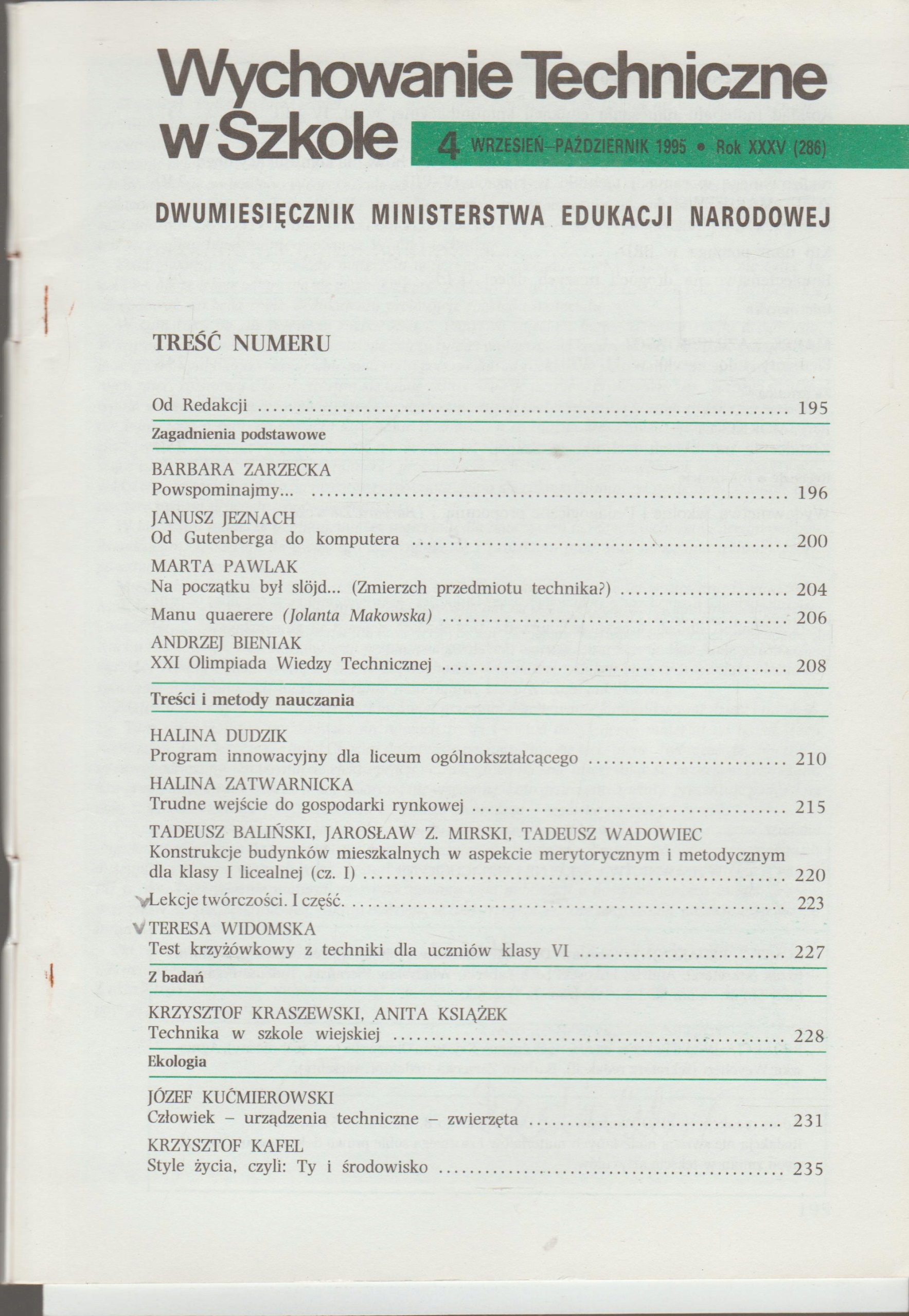 WYCHOWANIE TECHNICZNE W SZKOLE 4/1995 Przedmiot Informatyka, Technika