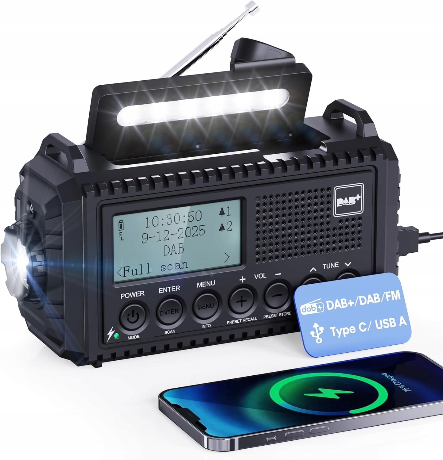 Radio Awaryjne Dab Fm Loftek CR1009PRO Budowlane Solarne Z Korbką Usb Sos
