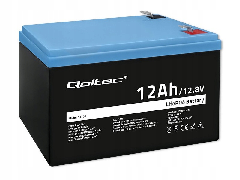 Литий-железо-фосфатный аккумулятор Qoltec LiFePO4 12.8 V 12ah 153.6 Wh