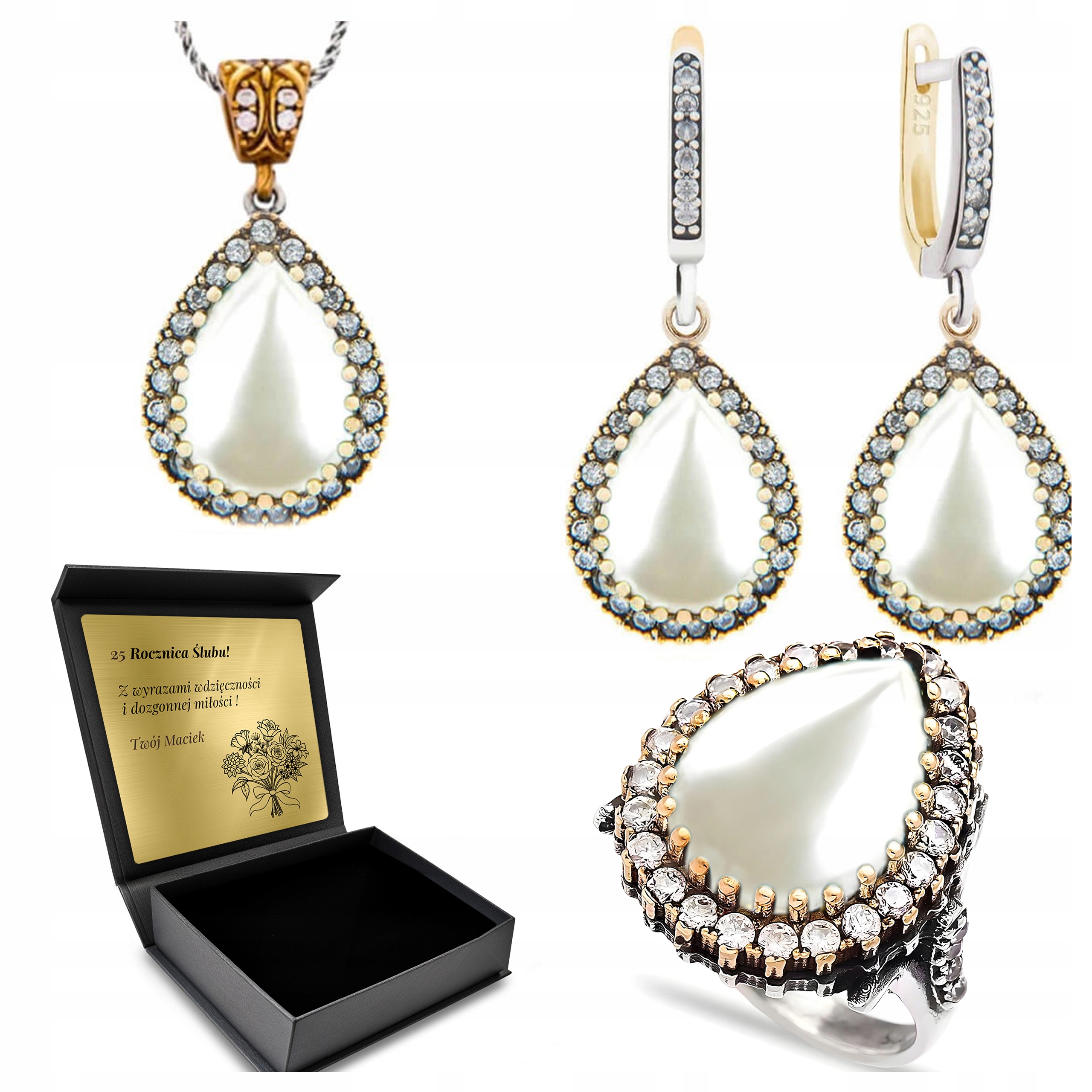 Komplet Stříbrných Šperků 925 S Zirkony A Perlami Valentýna Gravírování