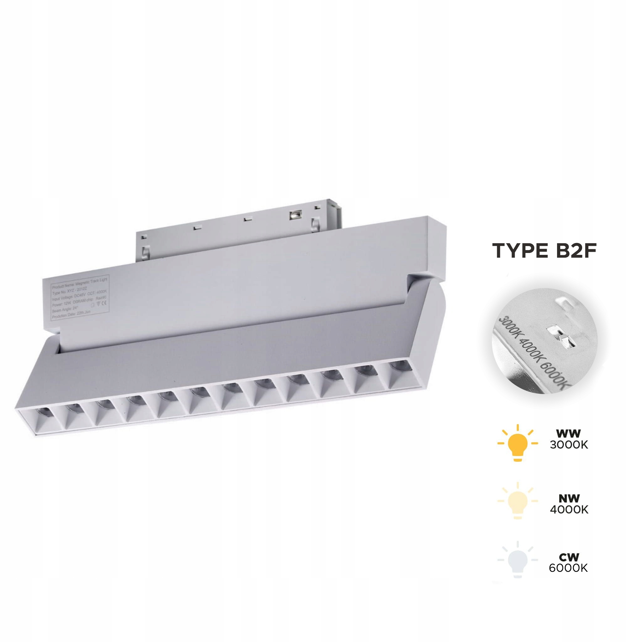 Lineární reflektor Bílý Led Nastavitelný 12W 3CCT Typ B2F Smart Track 48VDC