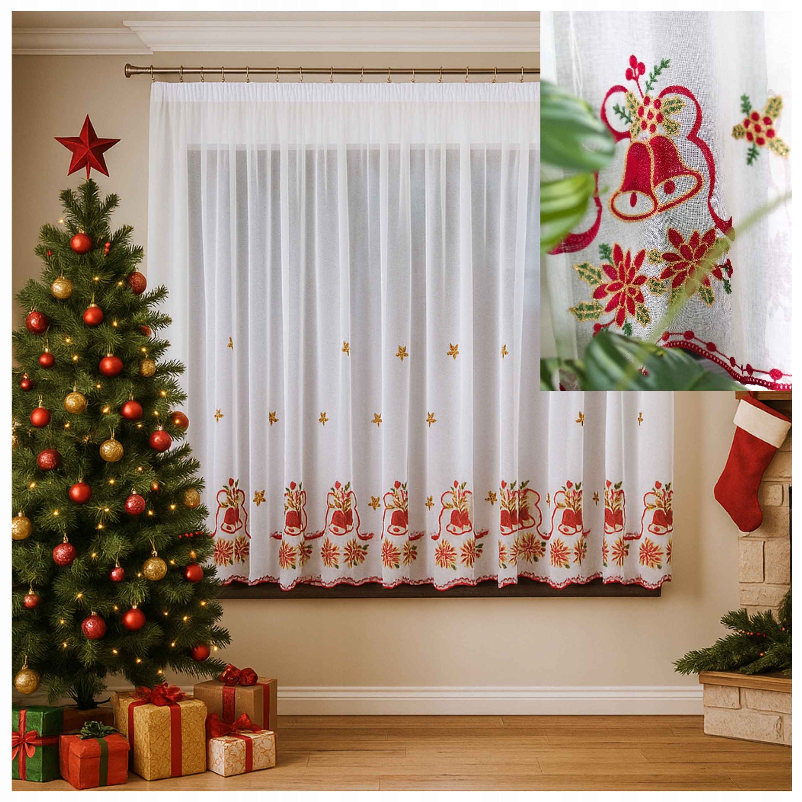 Záclona s páskou hotová Elena vánoční výšivka zvonky a poinsettie 450 x 110 cm