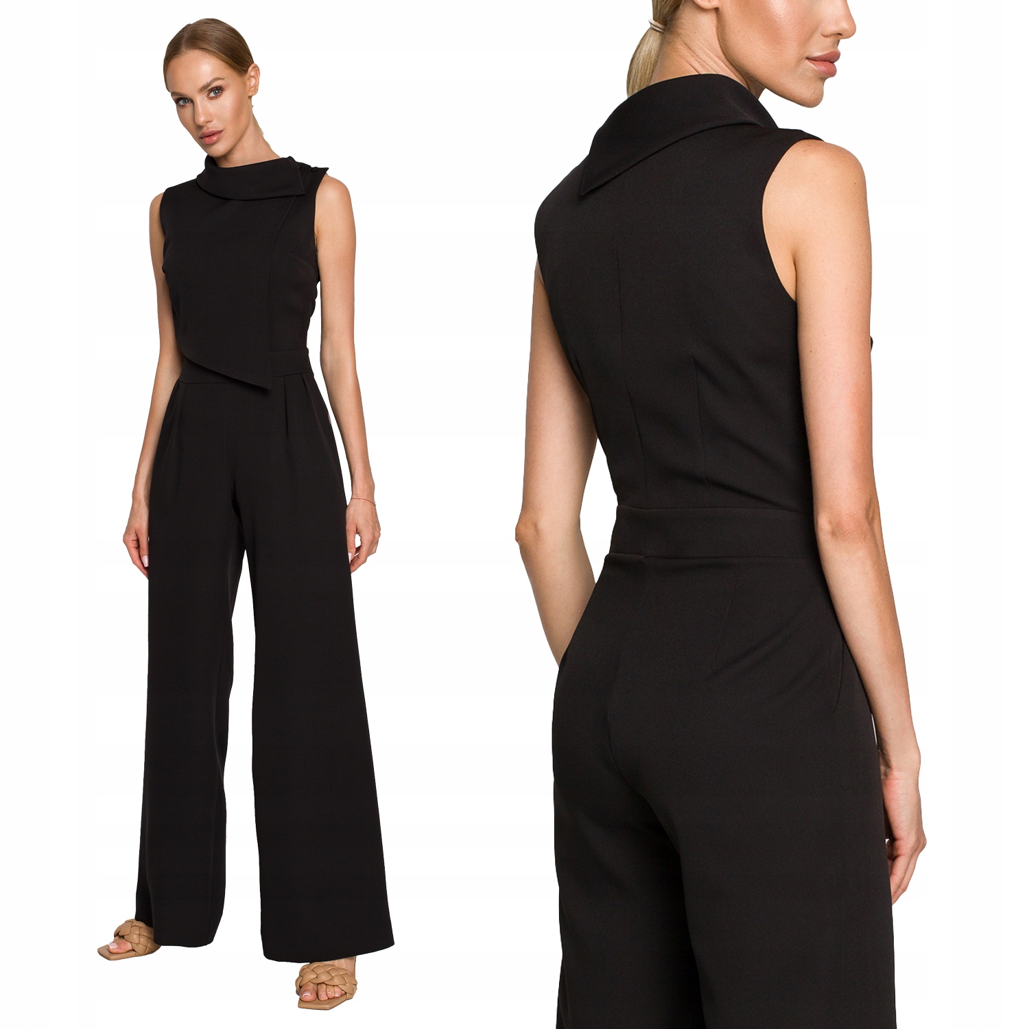 KOBIECY ELEGANCKI DAMSKI KOMBINEZON BEZ RĘKAWÓW WYSZCZUPLAJĄCY CZARNY 36 S