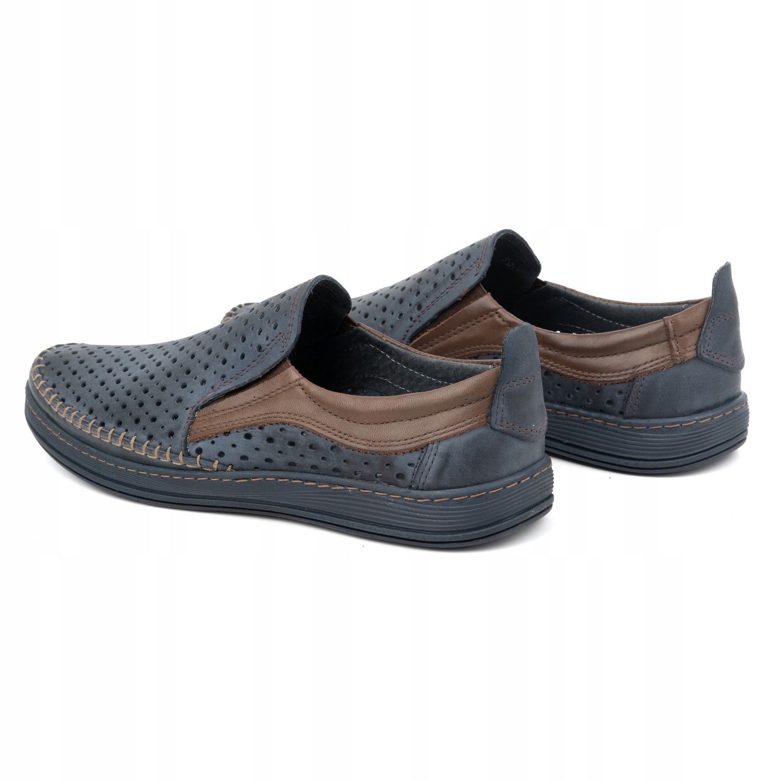 Mokasyny męskie skórzane ażurowe na lato POLSKIE 590MP granat 46 Marka Olivier