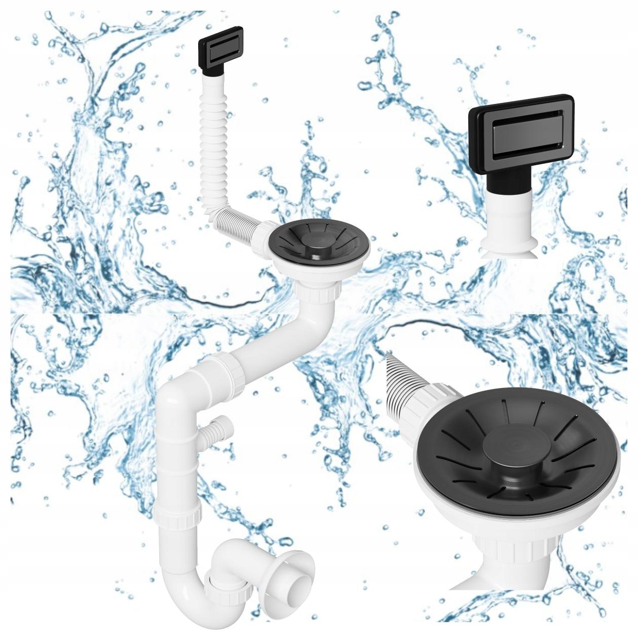 Sifón do oceľového umývadla Lux jednokomorový s obdĺžnikovým prepadom, čierny