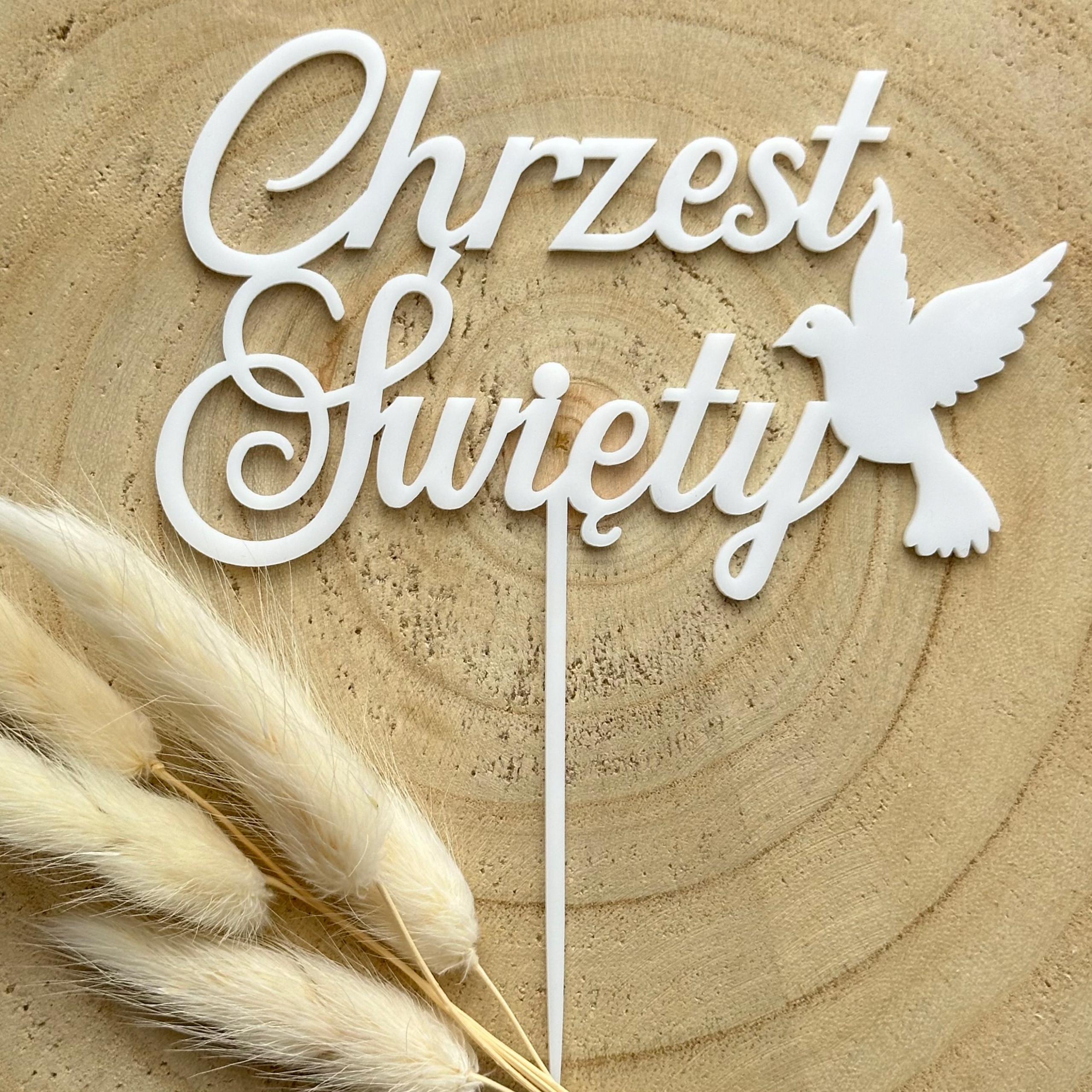 Chrzest Święty z gołąbkiem biały Topper na Chrzciny PLEXI BIAŁE