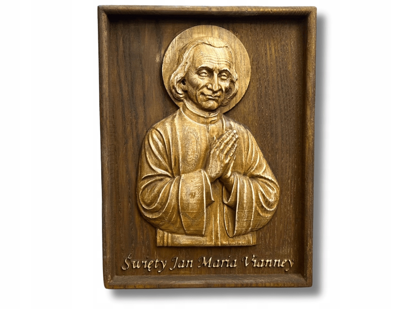 Drevený reliéf Svätý Ján Mária Vianney darček pre kňaza patróna