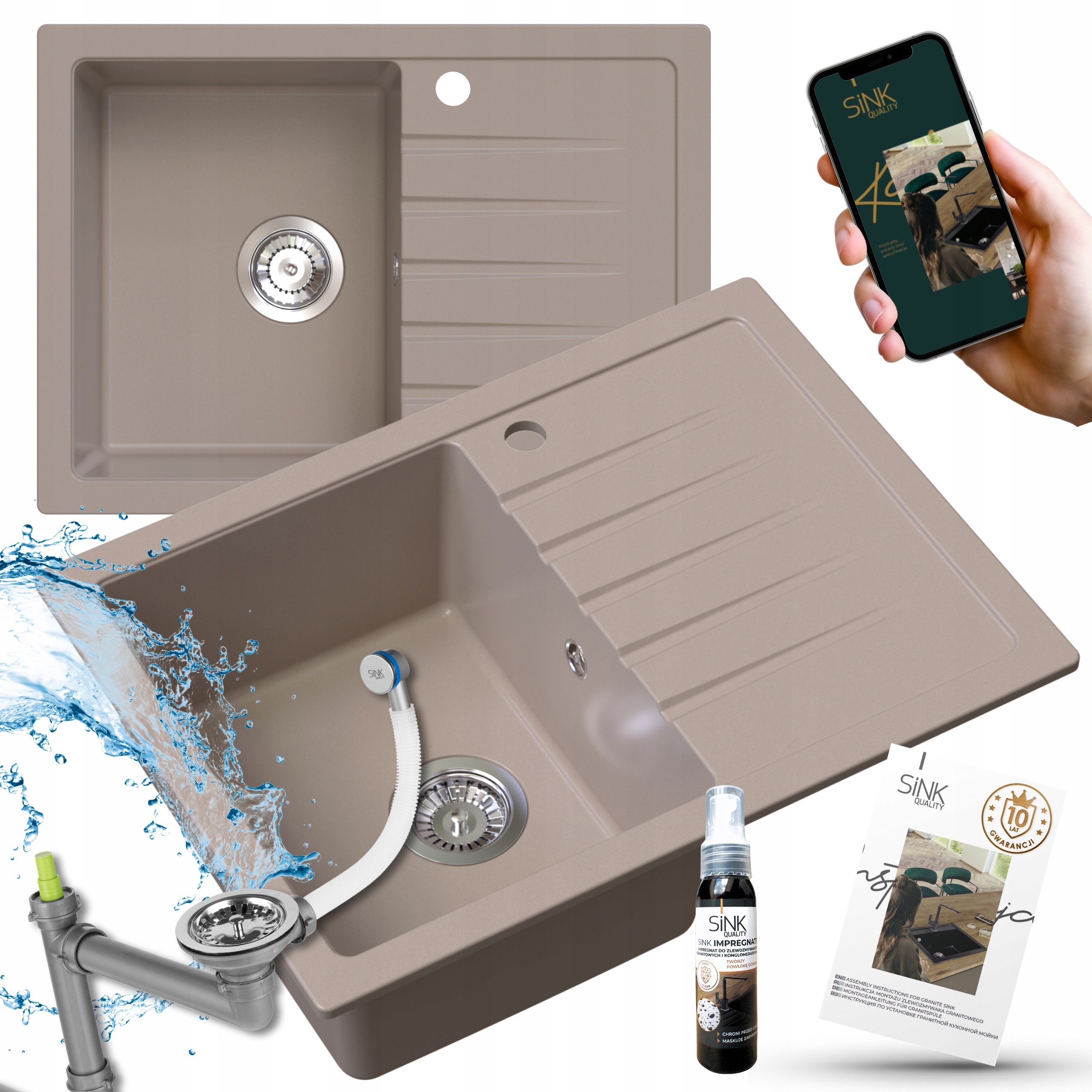 Granitový Dřez 68x50 Béžový Titanite+sifon Chromovaný+impregnat 7v1