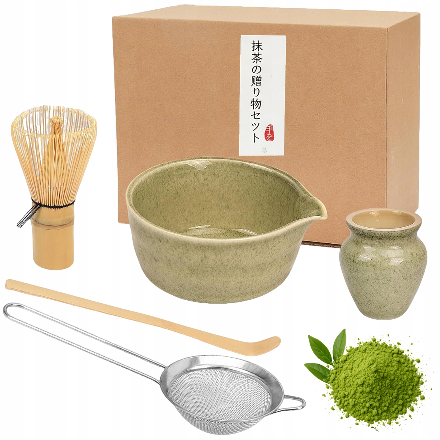 Levně Dárková sada na čaj matcha šálek metla podstavec lžička 5ks