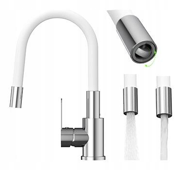 Kuchynská batéria s flexibilným výtokom, biela, Grado Plus, otočný perlátor
