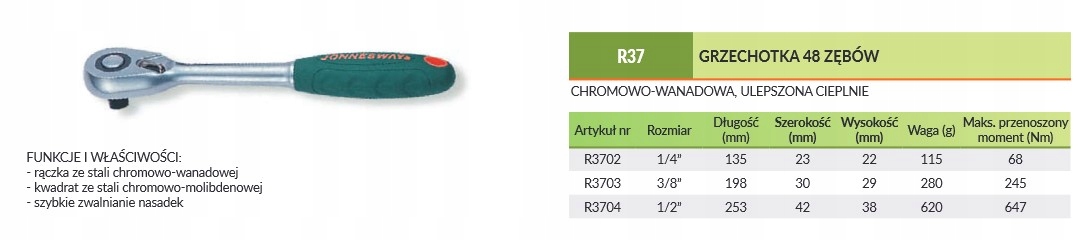 GRZECHOTKA 48 ZĘBÓW 1/2" JONNESWAY R3704 Rodzaj klucza grzechotka