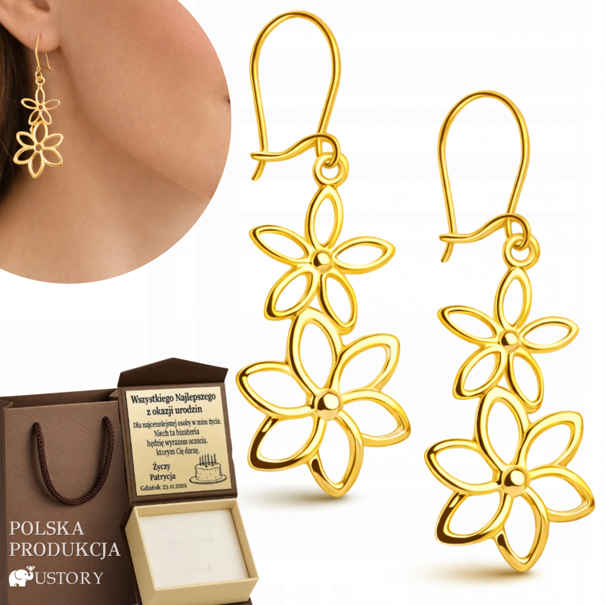 Zlaté Náušnice Ažurové Závěsné Květiny Bigiel Pozlacené 925 Gravírování