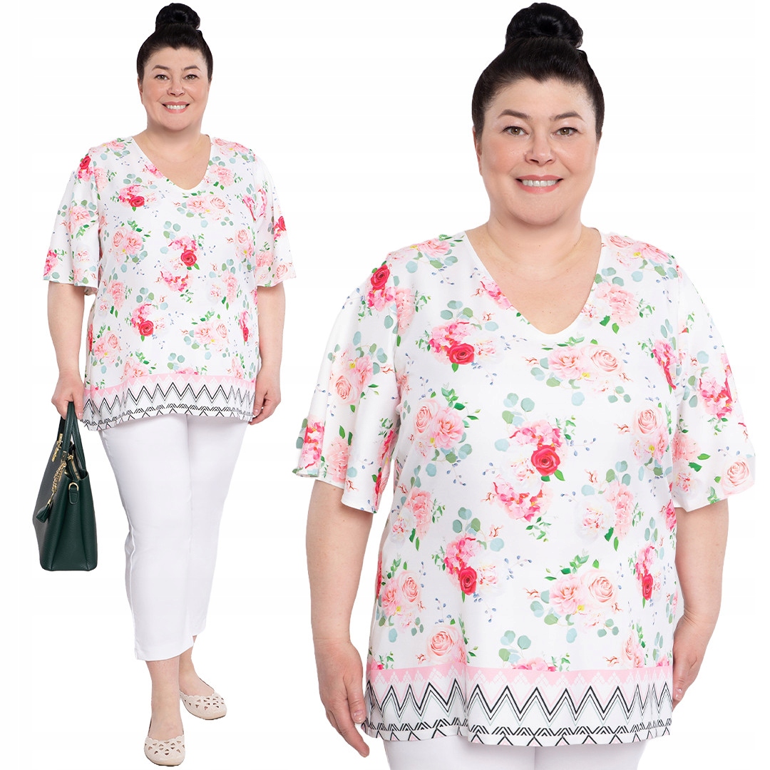 Volná bílá halenka s růžemi 56/58